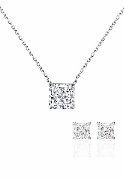 BRELLATO Set Solitaire Kristall-Anhänger Ohrstecker Damen-Schmuck Viereckig, Echt Silber-Kette 925 18K Rhodiniert, Ohrringe Kristall-Kette Halskette Zirkonia