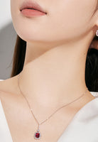 BRELLATO Vintage Collier Rubin-Roter Kristall-Anhänger Viereckig, Retro Damen-Schmuck Kristall-Kette Halskette Rot Zirkonia, Echt Silber-Kette 925 18K Rhodiniert