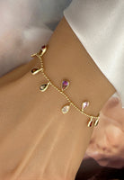 BRELLATO Charm Armband, Damen Armkette mit Anhänger, Bettelarmband Echt Silber-Kette 925 Gelbgold Plattiert, mit Bunten Zirkonia Kristallen