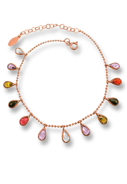 BRELLATO Charm Armband, Damen Armkette mit Anhänger, Bettelarmband Echt Silber-Kette 925 Rosegold Plattiert, mit Bunten Zirkonia Kristallen