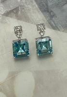 BRELLATO Türkis-Blaue Kristall Ohrstecker Damen Viereckig, Echt Silber-Kette 925 18K Rhodiniert, Türkisfarbene Ohrringe Tropfen-Zirkonia Topas-Blau