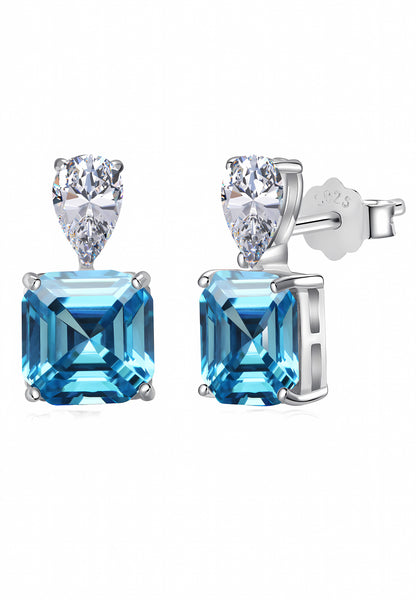 BRELLATO Türkis-Blaue Kristall Ohrstecker Damen Viereckig, Echt Silber-Kette 925 18K Rhodiniert, Türkisfarbene Ohrringe Tropfen-Zirkonia Topas-Blau
