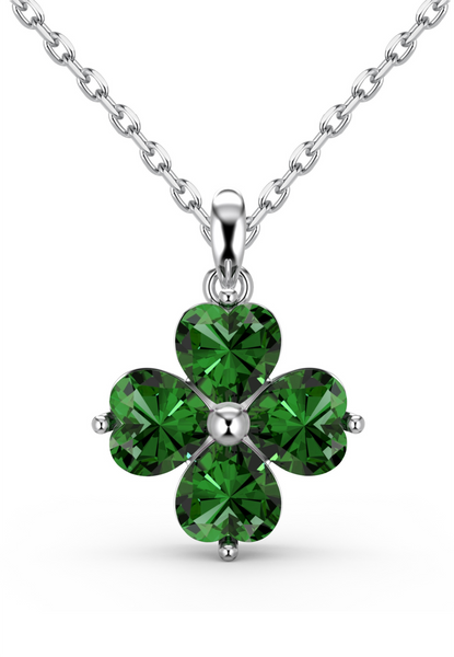 BRELLATO Grüner Kleeblatt Kristall-Anhänger, Silber-Kette 925 18K Rhodiniert, Vierblättriger Glücksklee Glücksbringer Talisman Grün, Hals-Kette Blume Kreuz-Design Zirkonia