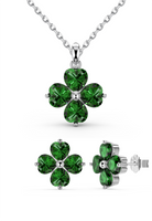 BRELLATO Schmuck-Set, Grüner Kleeblatt Kristall-Anhänger Ohrstecker, Silber-Kette 925 18K Rhodiniert, Vierblättriger Glücksklee Glücksbringer Talisman Ohrringe Hals-Kette Zirkonia