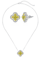 BRELLATO Set Crystal Kleeblatt Lucky Anhänger Ohrstecker Damen-Schmuck, Glücksklee Blume Gelbe Kristalle Echt Silber-Kette Gelbgold, Glücksbringer Talisman Ohrringe Hals-Kette Zirkonia