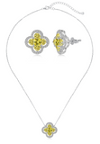 BRELLATO Set Crystal Kleeblatt Lucky Anhänger Ohrstecker Damen-Schmuck, Glücksklee Blume Gelbe Kristalle Echt Silber-Kette Gelbgold, Glücksbringer Talisman Ohrringe Hals-Kette Zirkonia