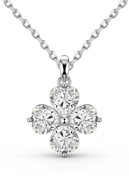 BRELLATO Kleeblatt Kristall-Anhänger, Silber-Kette 925 18K Rhodiniert, Vierblättriger Glücksklee Glücksbringer Talisman, Hals-Kette Blume Kreuz-Design Zirkonia