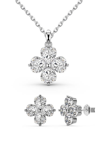 BRELLATO Schmuck-Set, Kleeblatt Kristall-Anhänger Ohrstecker, Silber-Kette 925 18K Rhodiniert, Vierblättriger Glücksklee Glücksbringer Talisman Ohrringe Hals-Kette Zirkonia