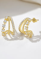 BRELLATO Goldene Dreifach Creolen Rund, Ohrringe Halb-Kreise, Echt Silber 925 18K Gold Gelbgold, Glitzer Ohrstecker Zirkonia Kristalle