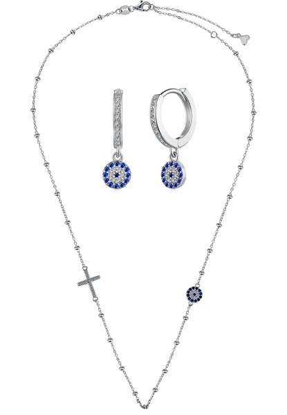 BRELLATO Set Evil Eye Halskette und Ohrringe, Nazar Böses Blaues Auge Schutz-Symbol Anhänger, Damen Schmuck Echt Silber-Kette 925 Weißgold, Zirkonia Kreuz