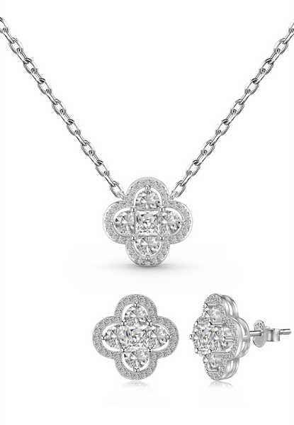 BRELLATO Set Kleeblatt Lucky Kristall-Anhänger Ohrstecker Damen-Schmuck, Glücksklee Echt Silber-Kette 925 18K Rhodiniert, Glücksbringer Talisman Ohrringe Hals-Kette Zirkonia