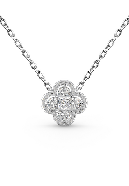 BRELLATO Kleeblatt Lucky Kristall-Anhänger Damen-Schmuck, Glücksklee Blume Echt Silber-Kette 925 18K Rhodiniert, Glücksbringer Symbol Talisman Hals-Kette Zirkonia