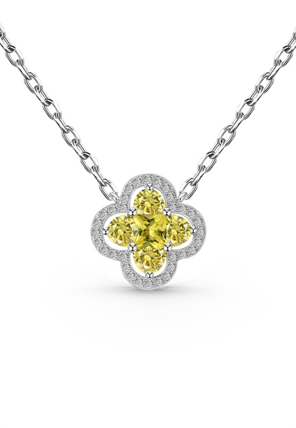 BRELLATO Kleeblatt Lucky Kristall-Anhänger Damen-Schmuck, Glücksklee Gelb Blume Echt Silber-Kette 925 18K Rhodiniert, Glücksbringer Symbol Talisman Hals-Kette Zirkonia