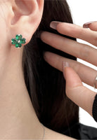 BRELLATO Schmuck-Set, Grüner Kleeblatt Kristall-Anhänger Ohrstecker, Silber-Kette 925 18K Rhodiniert, Vierblättriger Glücksklee Glücksbringer Talisman Ohrringe Hals-Kette Zirkonia