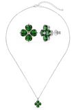 BRELLATO Schmuck-Set, Grüner Kleeblatt Kristall-Anhänger Ohrstecker, Silber-Kette 925 18K Rhodiniert, Vierblättriger Glücksklee Glücksbringer Talisman Ohrringe Hals-Kette Zirkonia