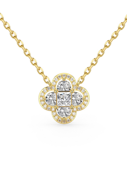 BRELLATO Kleeblatt Lucky Kristall-Anhänger Goldfarben, Glücksklee Blume Echt Silber-Kette 925 18K Gelbgold, Glücksbringer Symbol Talisman Hals-Kette Zirkonia