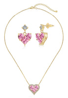 BRELLATO Rosa Pink Herz-Kette Anhänger Ohrstecker Set, Echt Silber-Kette 925 18K Gelbgold, Goldene Ohrringe Herz-Halskette Zirkonia Crystal, Geschenk Muttertag Valentinstag