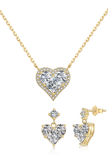 BRELLATO Herz-Kette Anhänger Ohrstecker Set Golden, Echt Silber-Kette 925 18K Gelb-Gold, Ohrringe Herz-Halskette Zirkonia Crystals, Geschenk Muttertag Valentinstag