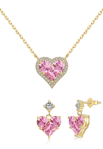 BRELLATO Rosa Pink Herz-Kette Anhänger Ohrstecker Set, Echt Silber-Kette 925 18K Gelbgold, Goldene Ohrringe Herz-Halskette Zirkonia Crystal, Geschenk Muttertag Valentinstag