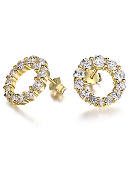 BRELLATO Runde Damen Ohrringe Kreise, Echt Silber 925 18K Vergoldet, Glitzer Kreis Ohrstecker Gelb-Gold Zirkonia Kristalle