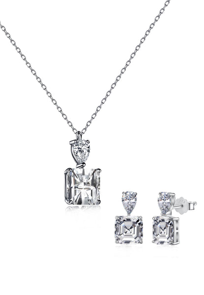 BRELLATO Set Kristall-Anhänger Ohrstecker Damen Viereckig, Echt Silber-Kette 925 18K Rhodiniert, Ohrringe Kristall-Kette Halskette Tropfen-Zirkonia