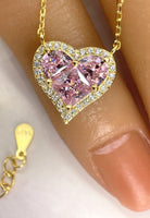 BRELLATO Rosa Pink Herz-Kette Anhänger Ohrstecker Set, Echt Silber-Kette 925 18K Gelbgold, Goldene Ohrringe Herz-Halskette Zirkonia Crystal, Geschenk Muttertag Valentinstag