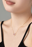 BRELLATO Rosa Pink Herz-Kette Anhänger Ohrstecker Set, Echt Silber-Kette 925 18K Gelbgold, Goldene Ohrringe Herz-Halskette Zirkonia Crystal, Geschenk Muttertag Valentinstag