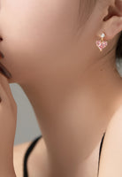 BRELLATO Rosa Pink Herz-Kette Anhänger Ohrstecker Set, Echt Silber-Kette 925 18K Gelbgold, Goldene Ohrringe Herz-Halskette Zirkonia Crystal, Geschenk Muttertag Valentinstag