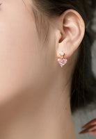 BRELLATO Rosa Pink Herz-Kette Anhänger Ohrstecker Set, Echt Silber-Kette 925 18K Gelbgold, Goldene Ohrringe Herz-Halskette Zirkonia Crystal, Geschenk Muttertag Valentinstag