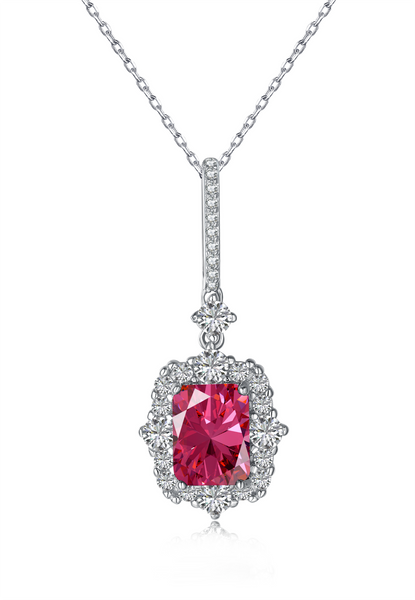 BRELLATO Vintage Collier Rubin-Roter Kristall-Anhänger Viereckig, Retro Damen-Schmuck Kristall-Kette Halskette Rot Zirkonia, Echt Silber-Kette 925 18K Rhodiniert