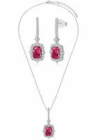 BRELLATO Vintage Schmuck-Set Roter Kristall-Anhänger Ohrringe Damen, Echt Silber-Kette 925 18K Rhodiniert, Ohrstecker Kristall-Kette Rubin-Rot Halskette Zirkonia