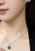 BRELLATO Schmuck-Set, Grüner Kleeblatt Kristall-Anhänger Ohrstecker, Silber-Kette 925 18K Rhodiniert, Vierblättriger Glücksklee Glücksbringer Talisman Ohrringe Hals-Kette Zirkonia