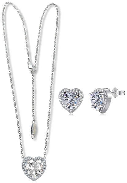 BRELLATO Damen Herz-Anhänger Ohrstecker Set, Echt Silber-Kette 925 18K Rhodiniert, Ohrringe Herz-Kette Halskette Herz-Zirkonia