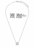 BRELLATO Set Solitaire Kristall-Anhänger Ohrstecker Damen-Schmuck Viereckig, Echt Silber-Kette 925 18K Rhodiniert, Ohrringe Kristall-Kette Halskette Zirkonia