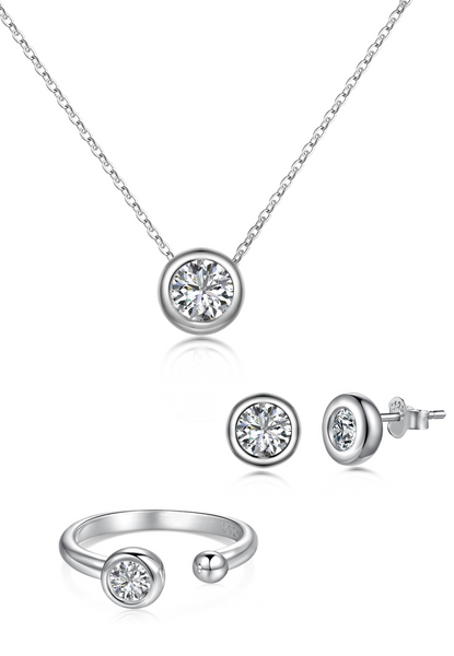 BRELLATO Set Runder Solitaire Kristall-Anhänger Ohrstecker Ring, Echt Silber-Kette 925 18K Rhodiniert, Ohrringe Kristall-Kette Halskette Zirkonia
