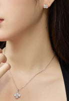 BRELLATO Schmuck-Set, Kleeblatt Kristall-Anhänger Ohrstecker, Silber-Kette 925 18K Rhodiniert, Vierblättriger Glücksklee Glücksbringer Talisman Ohrringe Hals-Kette Zirkonia