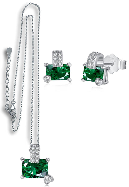 BRELLATO Set Herz-Anhänger Ohrstecker Grün Damen, Echt Silber-Kette 925 18K Rhodiniert, Grüne Ohrringe Herz-Kette Halskette Herz-Zirkonia