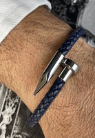 BRELLATO Retro Herren-Armband Clou et Vis Stahl-Blau, Nagel & Schraube Edelstahl, Blaues Lederarmband Geflochten