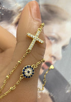 BRELLATO Evil Eye Halskette Damen, Nazar Böses Blaues Auge Schutz-Symbol Anhänger, Echt Silber-Kette 925 18K Gelbgold, Zirkonia Kreuz