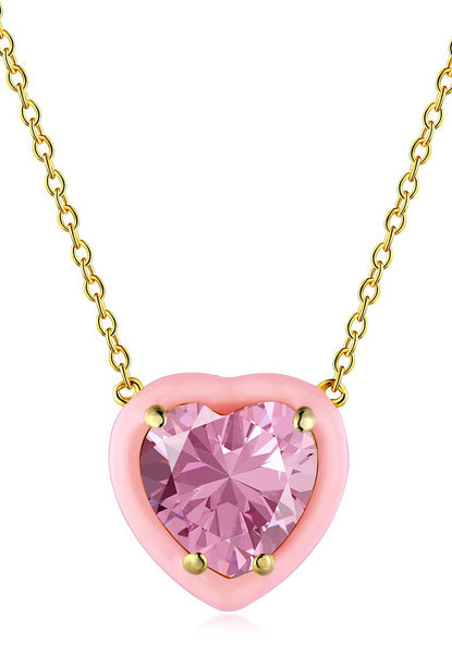 BRELLATO Herz-Anhänger Pink Rosa Geschenk Freundin Teenager Kinder, Echt Silber-Kette 925 Vergoldet Emailliert, Herz-Kette Kids Halskette Herz-Zirkonia Emaille